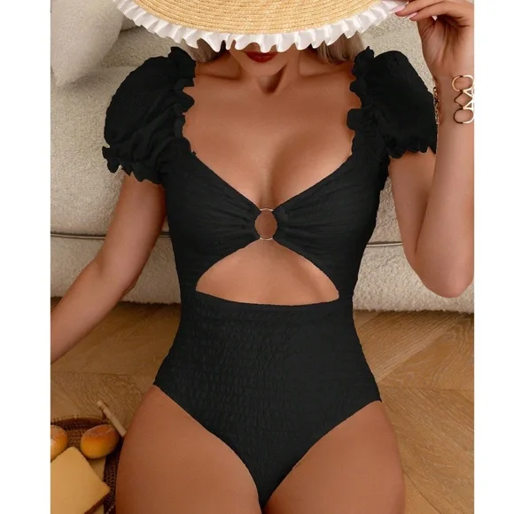 Boho Scoop Neck Puff Sleeve Cut out One Piece Swimsuit Monokini - Picture 6 of 8